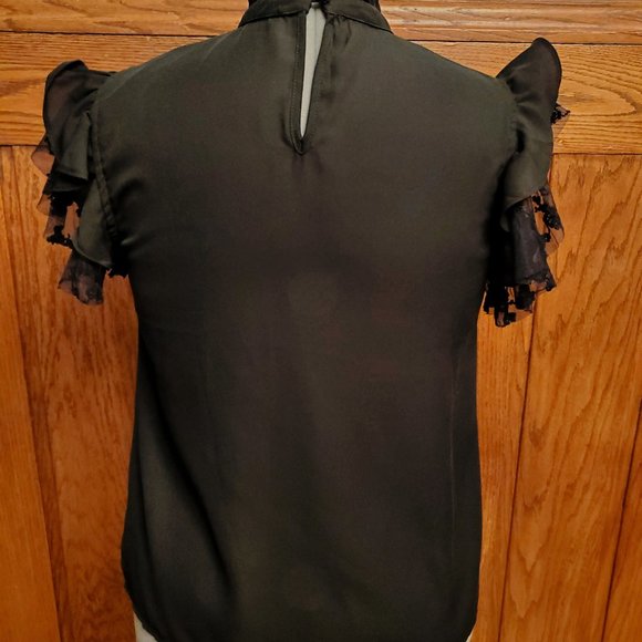 Black Lace Flutter Sleeve Blouse with Tie Neck BN - Picture 4 of 4
